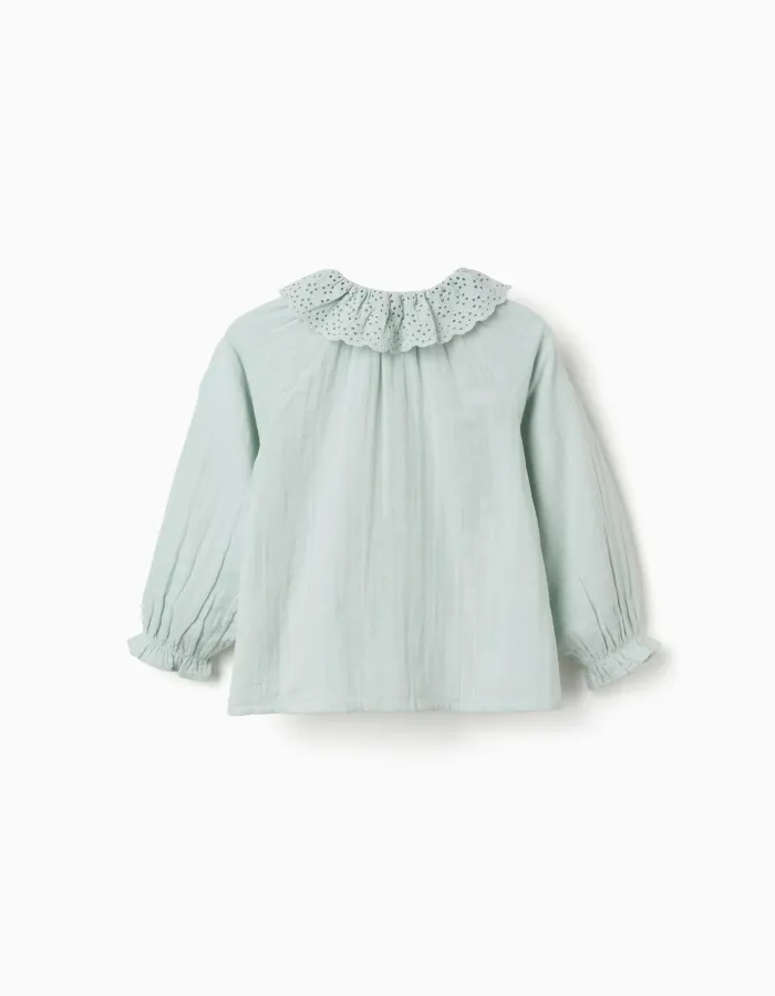 Cotton shirt with broderie anglaise and ruffles for girls, light blue