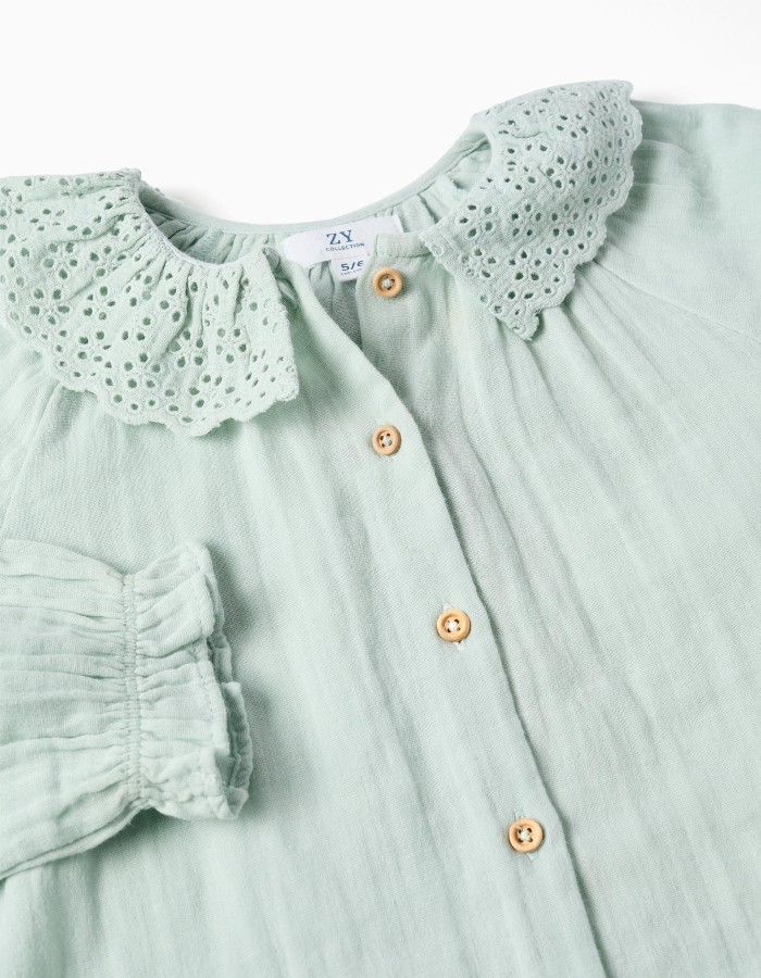 Cotton shirt with broderie anglaise and ruffles for girls, light blue
