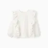 Long sleeve twill blouse with ruffles and flowers for girls, white