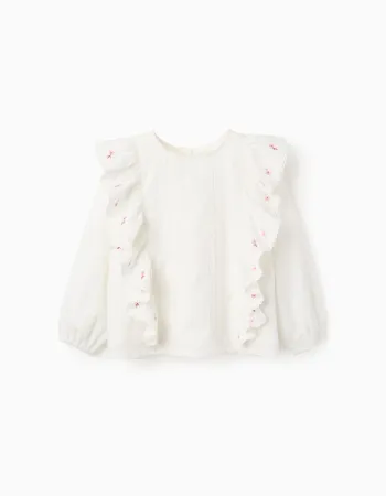 Long sleeve twill blouse with ruffles and flowers for girls, white
