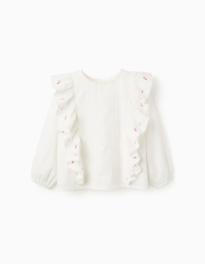 Long sleeve twill blouse with ruffles and flowers for girls, white