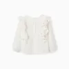 Long sleeve twill blouse with ruffles and flowers for girls, white