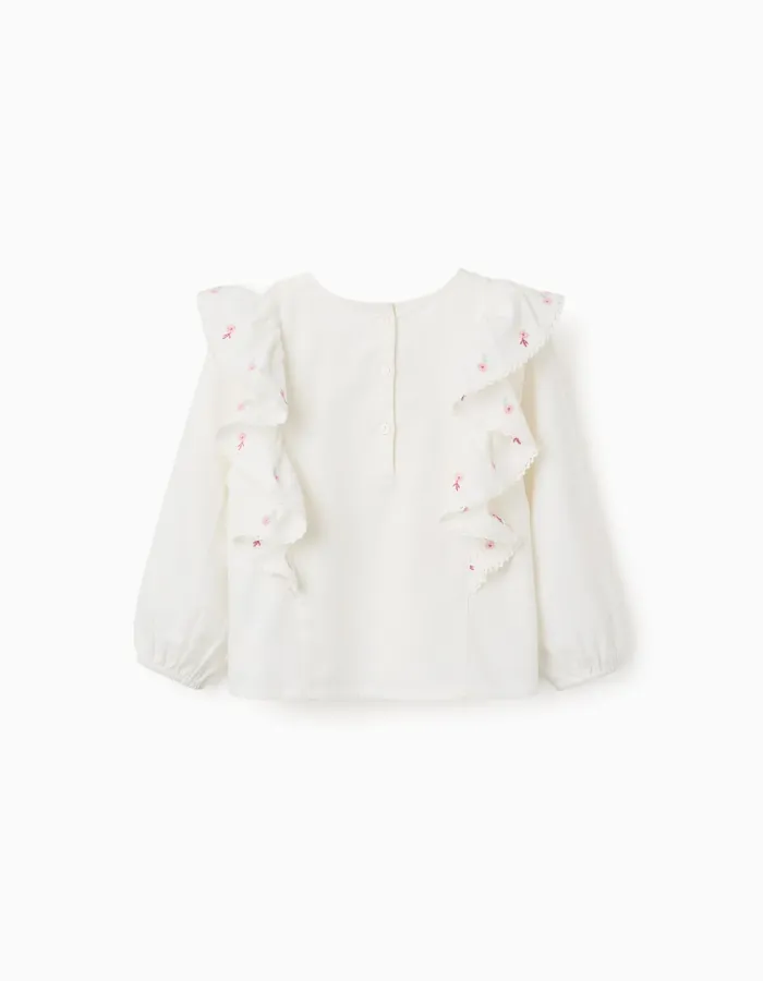 Long sleeve twill blouse with ruffles and flowers for girls, white