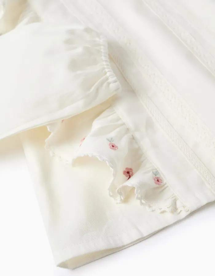Long sleeve twill blouse with ruffles and flowers for girls, white
