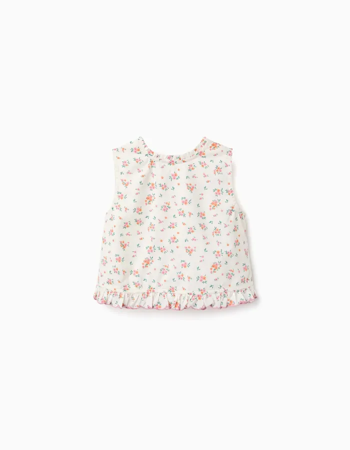 Sleeveless cotton top with floral pattern for girls, light beige