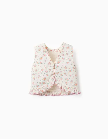Sleeveless cotton top with floral pattern for girls, light beige