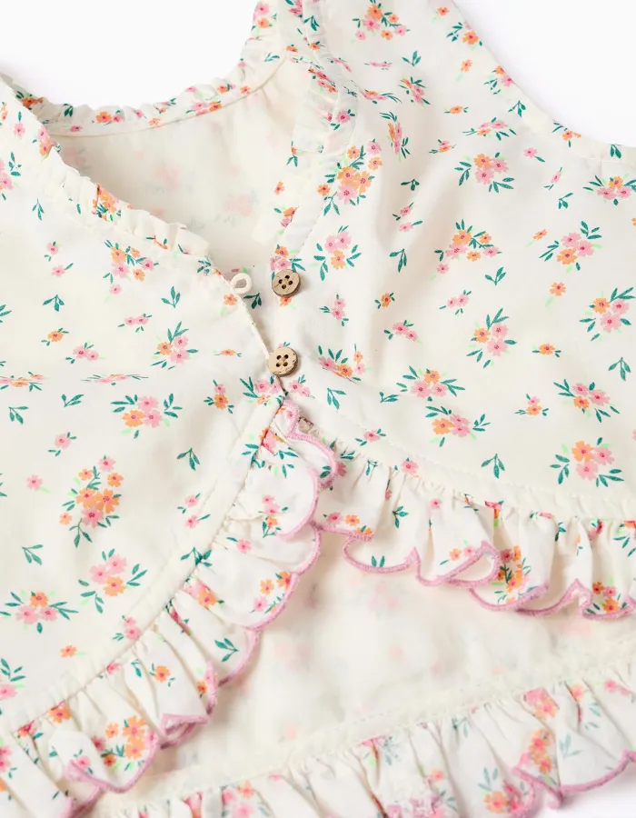 Sleeveless cotton top with floral pattern for girls, light beige