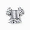 Striped blouse in linen with ruffles You&Me for girls, white/blue