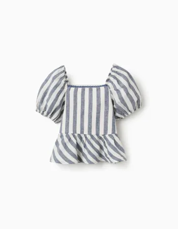 Striped blouse in linen with ruffles You&Me for girls, white/blue
