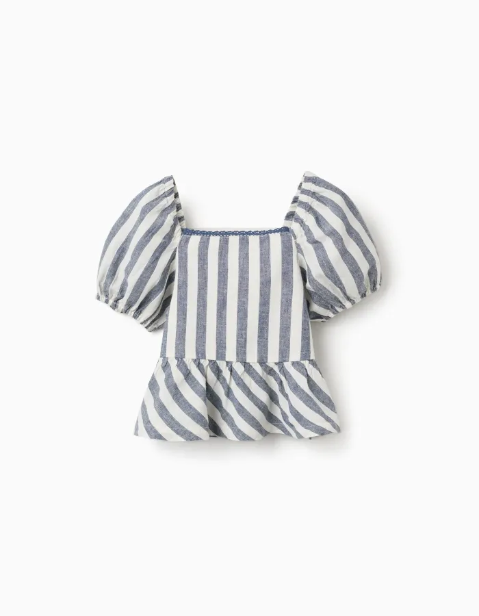 Striped blouse in linen with ruffles You&Me for girls, white/blue