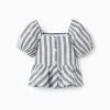Striped blouse in linen with ruffles You&Me for girls, white/blue