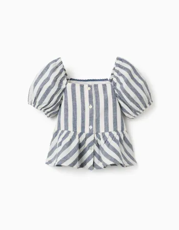Striped blouse in linen with ruffles You&Me for girls, white/blue
