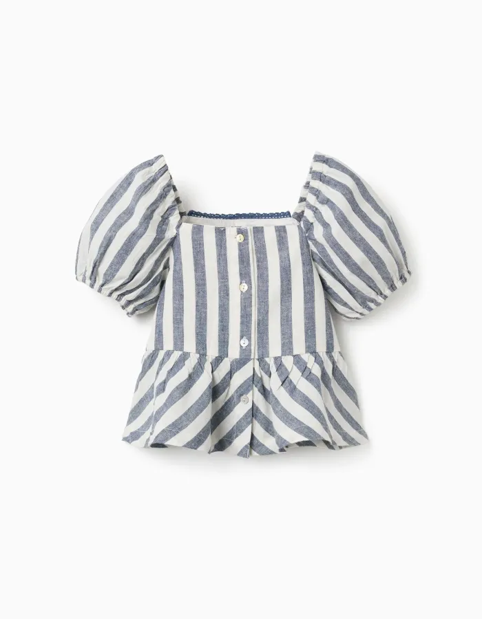 Striped blouse in linen with ruffles You&Me for girls, white/blue