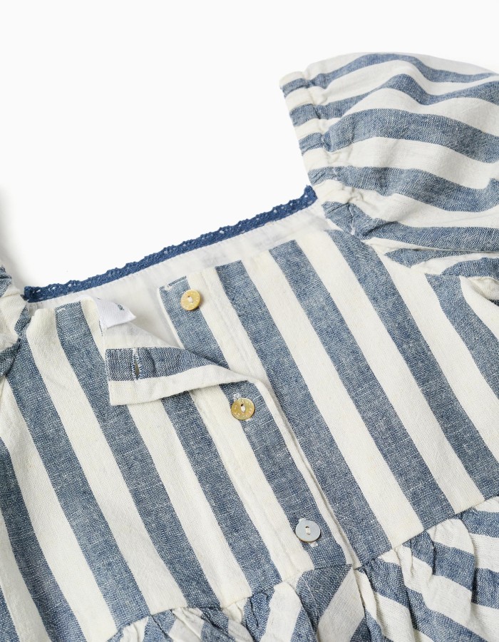 Striped blouse in linen with ruffles You&Me for girls, white/blue