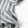 Striped blouse in linen with ruffles You&Me for girls, white/blue