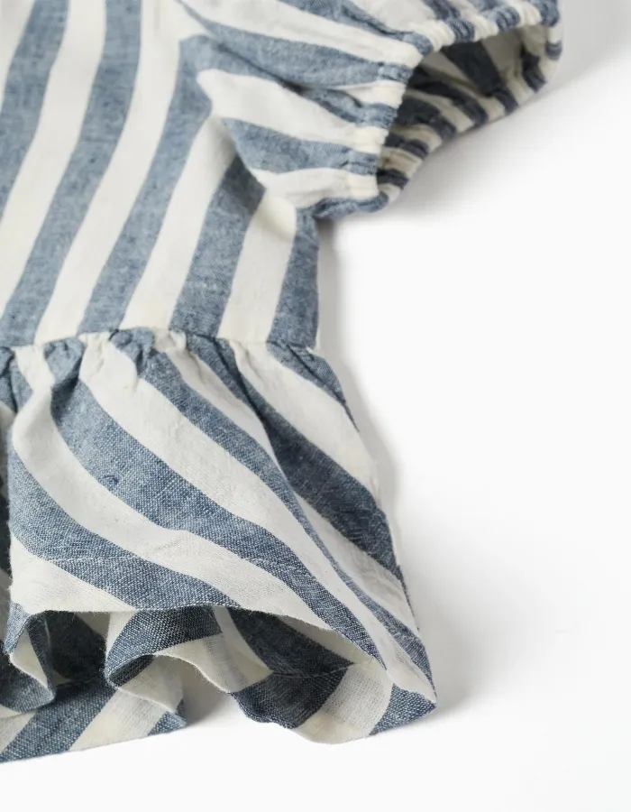 Striped blouse in linen with ruffles You&Me for girls, white/blue