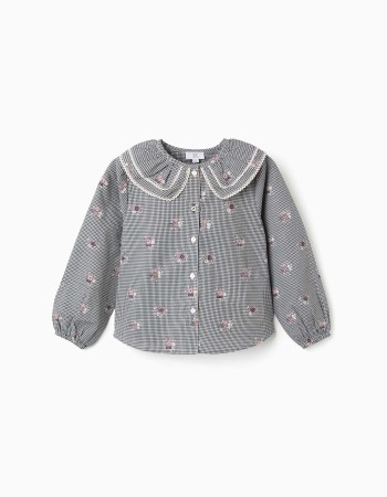 Cotton gingham shirt with floral print for girls, white/navy blue