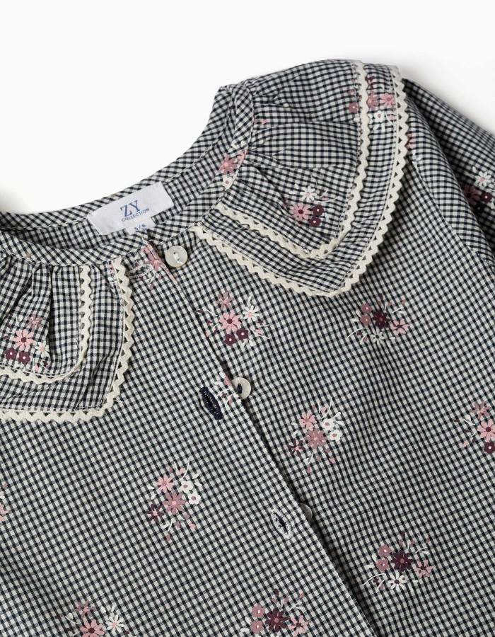 Cotton gingham shirt with floral print for girls, white/navy blue