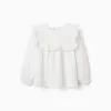 Long sleeve cotton blouse with ruffles and embroidery for girls, white