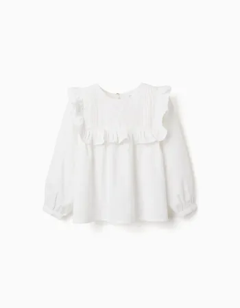 Long sleeve cotton blouse with ruffles and embroidery for girls, white