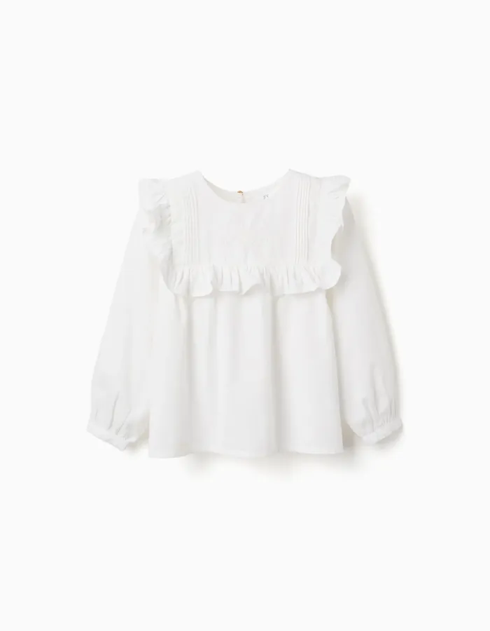 Long sleeve cotton blouse with ruffles and embroidery for girls, white