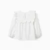Long sleeve cotton blouse with ruffles and embroidery for girls, white