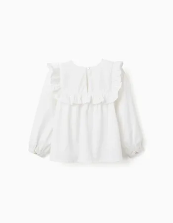 Long sleeve cotton blouse with ruffles and embroidery for girls, white