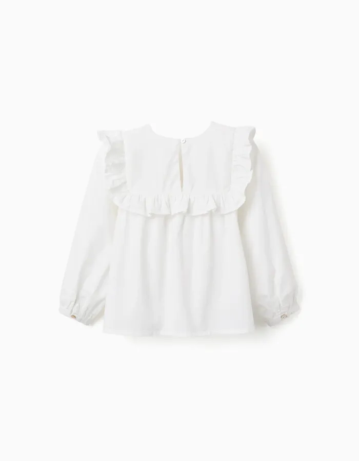 Long sleeve cotton blouse with ruffles and embroidery for girls, white