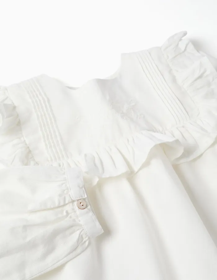 Long sleeve cotton blouse with ruffles and embroidery for girls, white