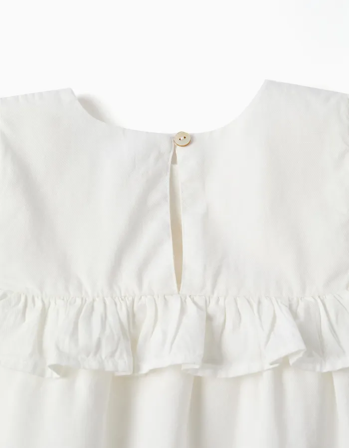 Long sleeve cotton blouse with ruffles and embroidery for girls, white