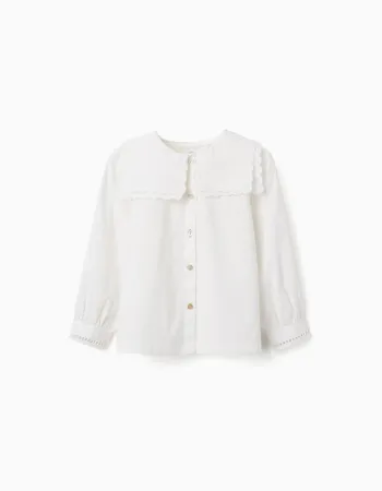 Long sleeve cotton shirt with square collar B&S for girls, white