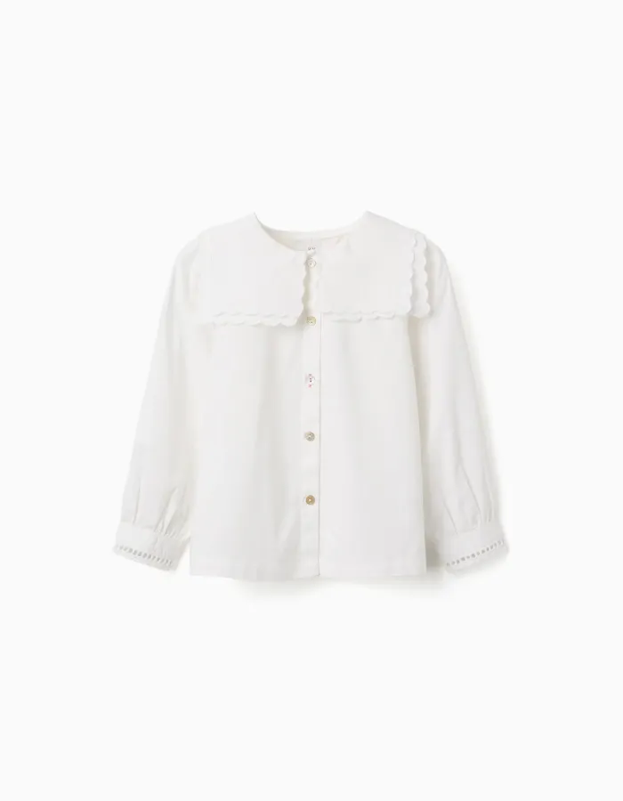 Long sleeve cotton shirt with square collar B&S for girls, white