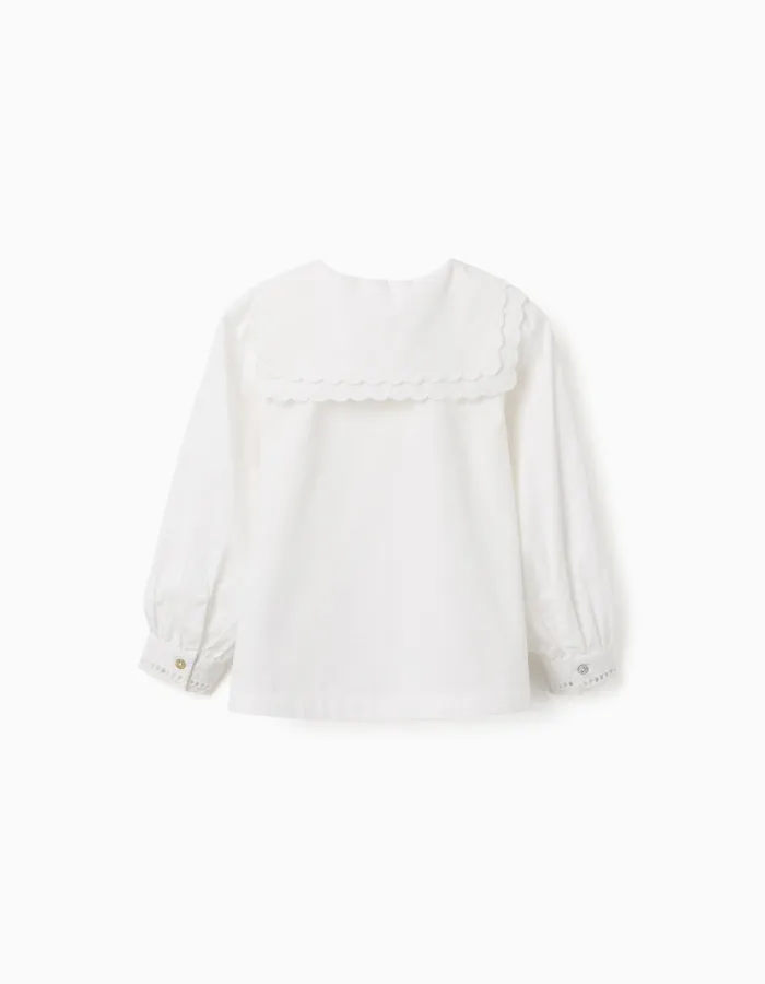 Long sleeve cotton shirt with square collar B&S for girls, white
