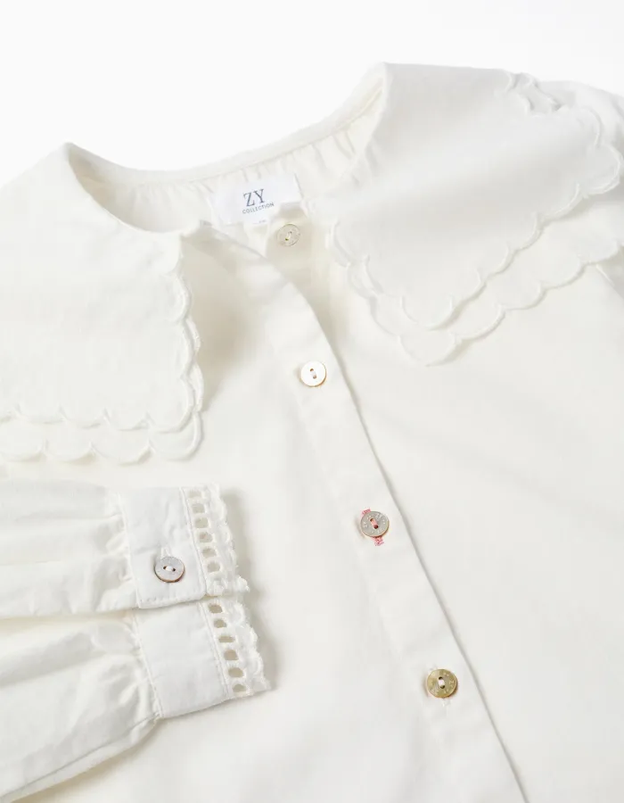 Long sleeve cotton shirt with square collar B&S for girls, white
