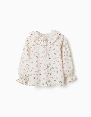 Long sleeve cotton blouse with floral pattern for girls, white