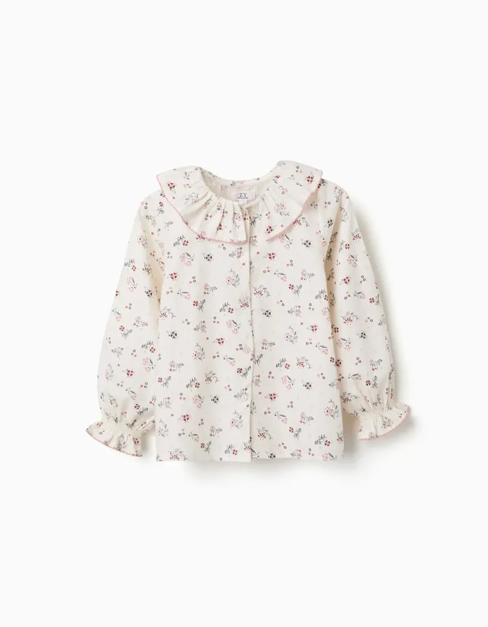 Long sleeve cotton blouse with floral pattern for girls, white