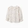 Long sleeve cotton blouse with floral pattern for girls, white
