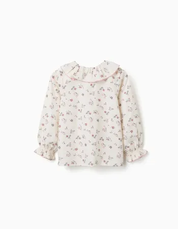 Long sleeve cotton blouse with floral pattern for girls, white
