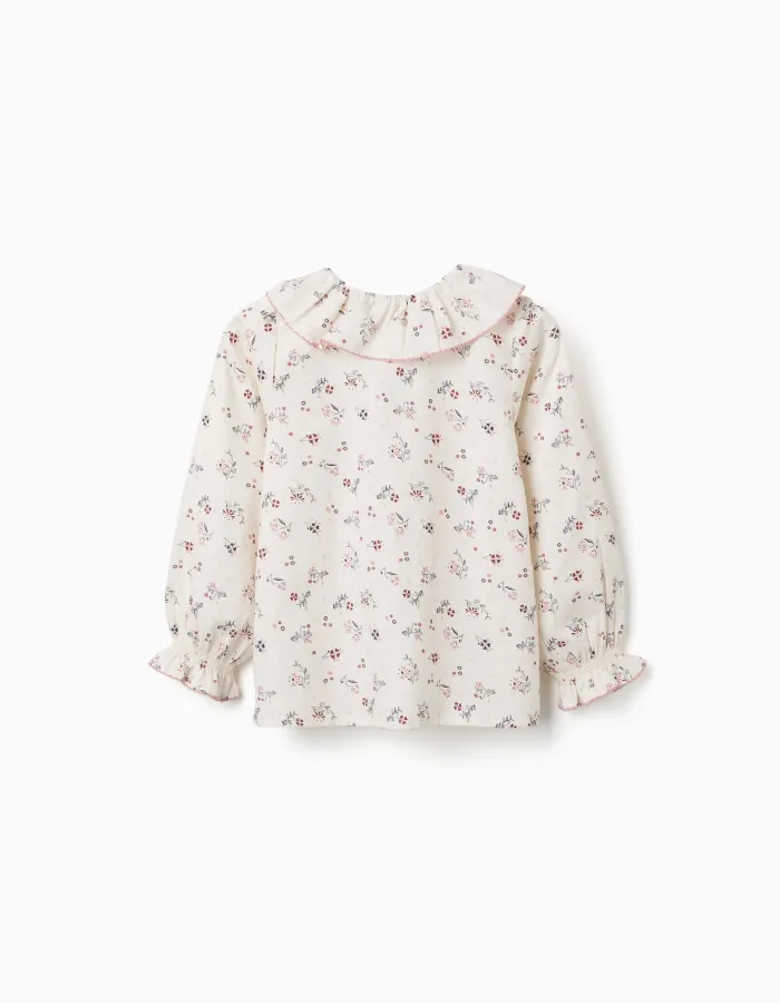 Long sleeve cotton blouse with floral pattern for girls, white
