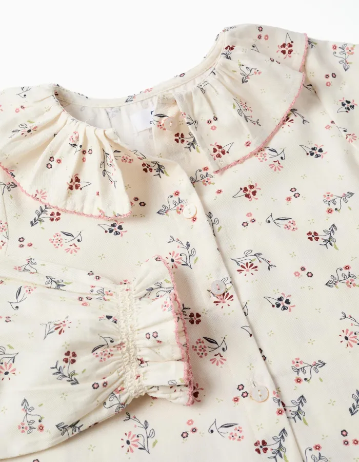 Long sleeve cotton blouse with floral pattern for girls, white