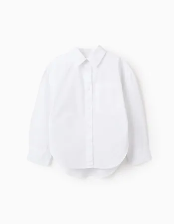 Long sleeve poplin shirt with dropped shoulders for girls, white