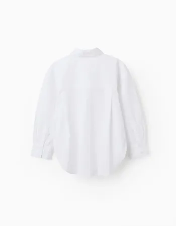 Long sleeve poplin shirt with dropped shoulders for girls, white
