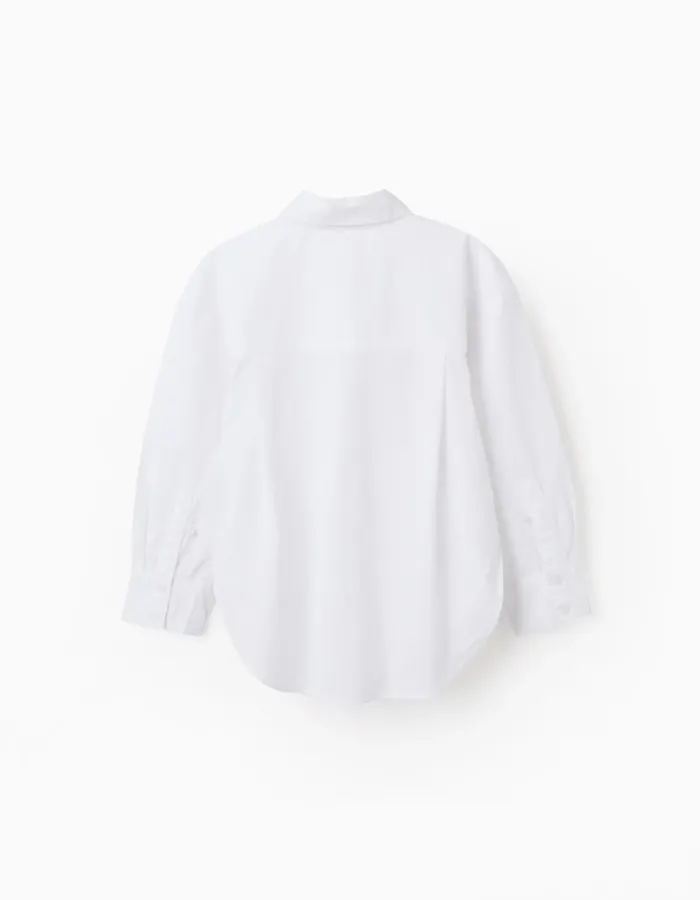 Long sleeve poplin shirt with dropped shoulders for girls, white