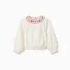 Long sleeve cotton blouse with embroidered collar for girls, white