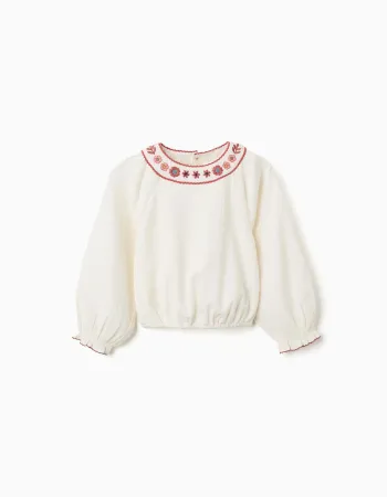 Long sleeve cotton blouse with embroidered collar for girls, white