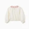 Long sleeve cotton blouse with embroidered collar for girls, white