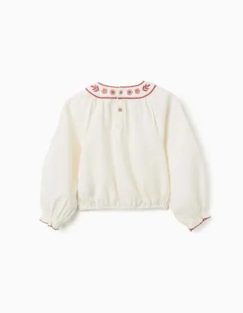 Long sleeve cotton blouse with embroidered collar for girls, white