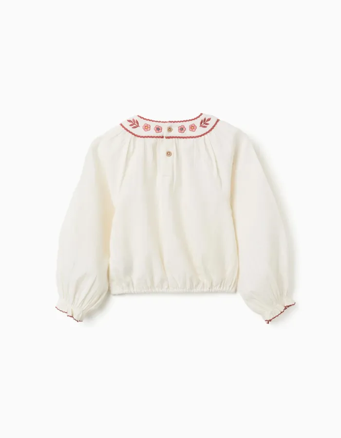 Long sleeve cotton blouse with embroidered collar for girls, white