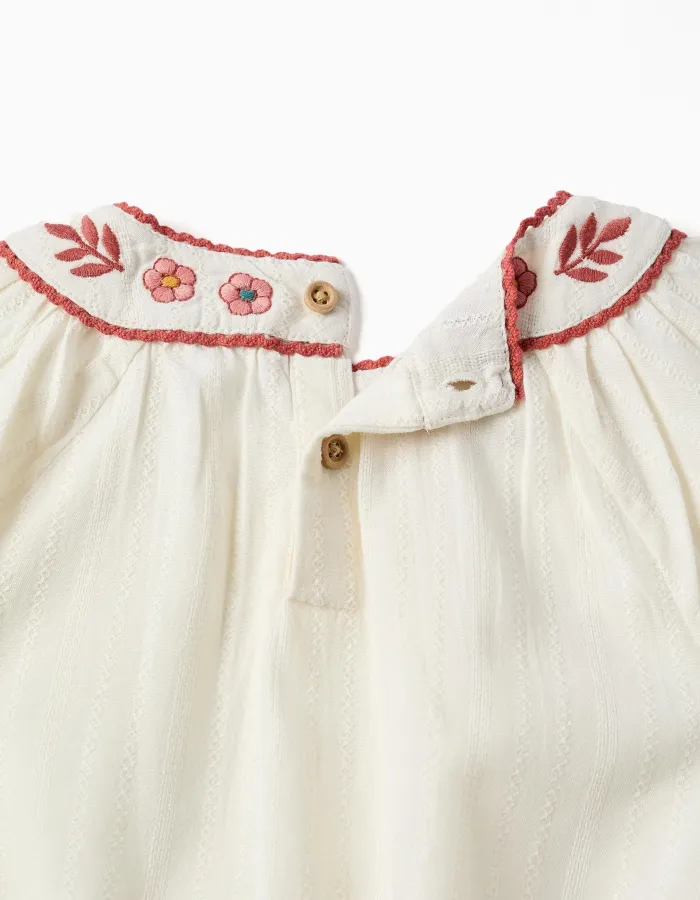 Long sleeve cotton blouse with embroidered collar for girls, white
