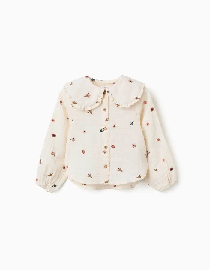 Long sleeve cotton blouse with embroidered flowers for girls, white